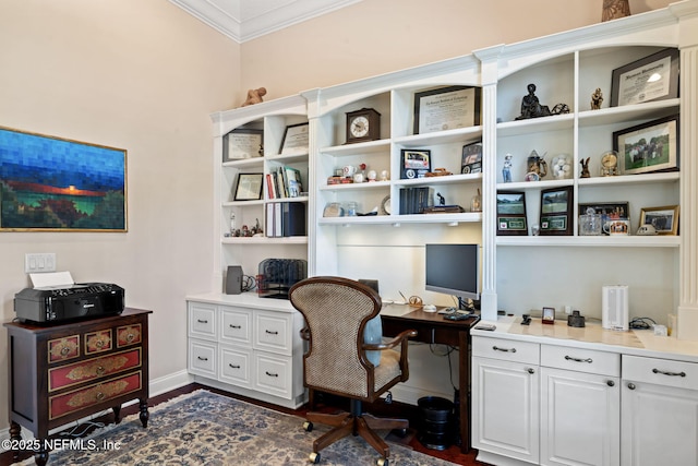 office with baseboards and crown molding