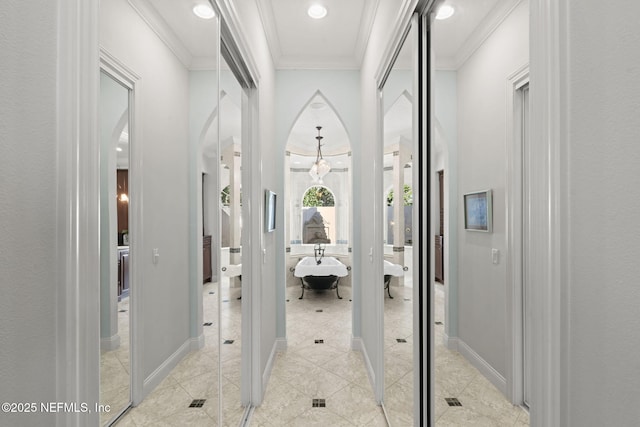 bathroom with recessed lighting, tile patterned flooring, crown molding, and baseboards