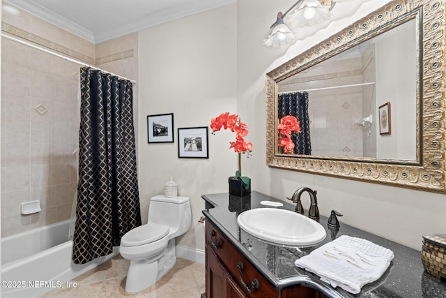 full bathroom featuring tile patterned flooring, toilet, vanity, shower / bath combo with shower curtain, and crown molding