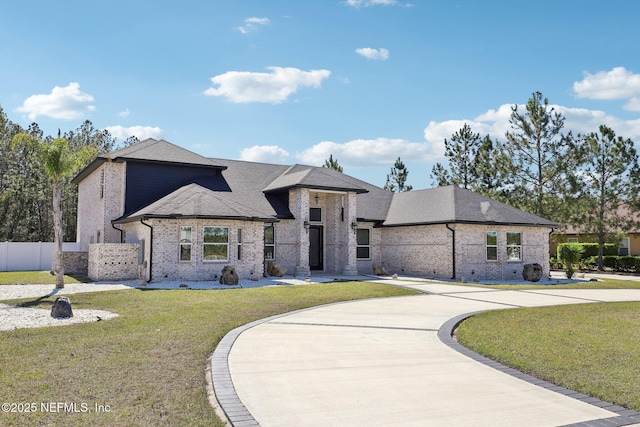 french country home with brick siding, a shingled roof, fence, curved driveway, and a front yard