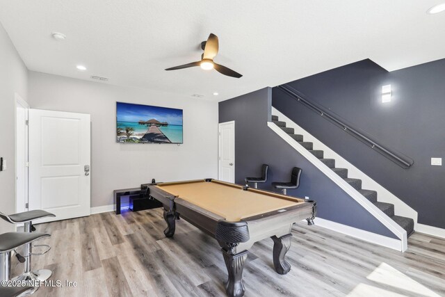 game room featuring light wood-type flooring, recessed lighting, baseboards, and pool table