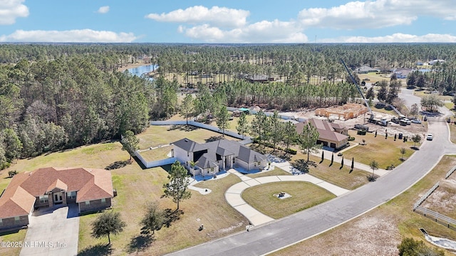 bird's eye view with a water view and a view of trees