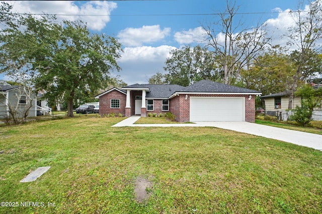 single story home featuring a garage and a front lawn