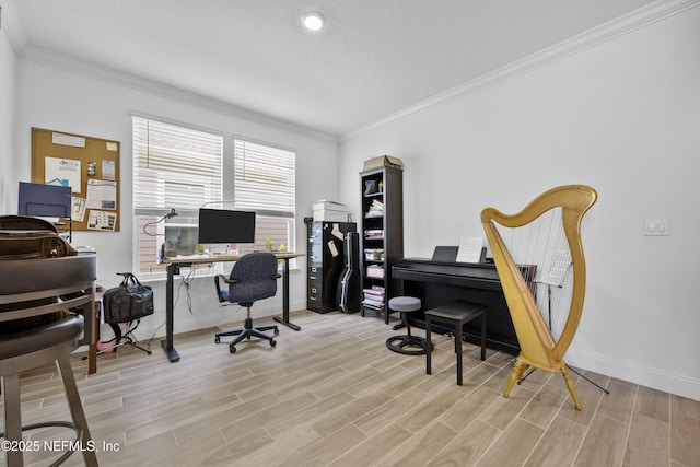 office area featuring ornamental molding and a textured ceiling