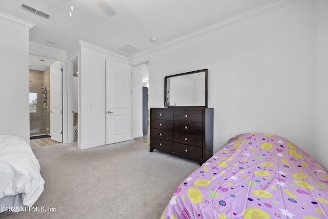 bedroom with crown molding, light colored carpet, ceiling fan, and ensuite bathroom