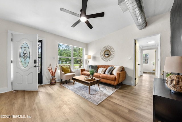 living room with ceiling fan and light hardwood / wood-style flooring