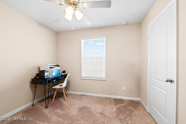 office space featuring carpet floors and ceiling fan