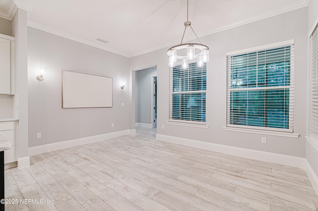 1351 Weaver Glen Rd, Jacksonville, FL 32223 - empty room featuring visible vents, baseboards, crown molding, light wood-type flooring, and a notable chandelier