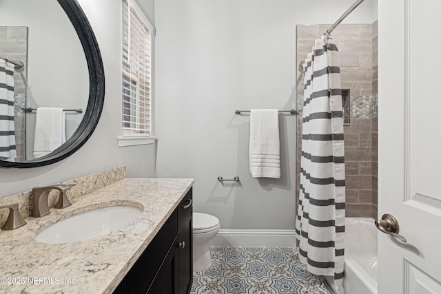 1351 Weaver Glen Rd, Jacksonville, FL 32223 - bathroom with baseboards, toilet, shower / tub combo with curtain, tile patterned floors, and vanity