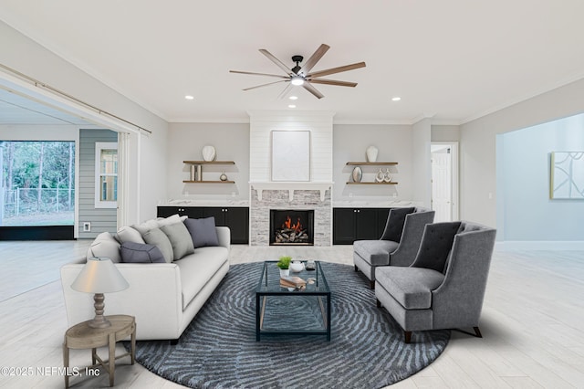 1351 Weaver Glen Rd, Jacksonville, FL 32223 - living room with light wood-style floors, a tile fireplace, crown molding, and recessed lighting