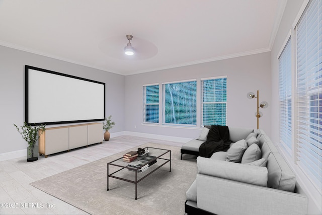1351 Weaver Glen Rd, Jacksonville, FL 32223 - cinema with light wood-style floors, crown molding, baseboards, and ceiling fan
