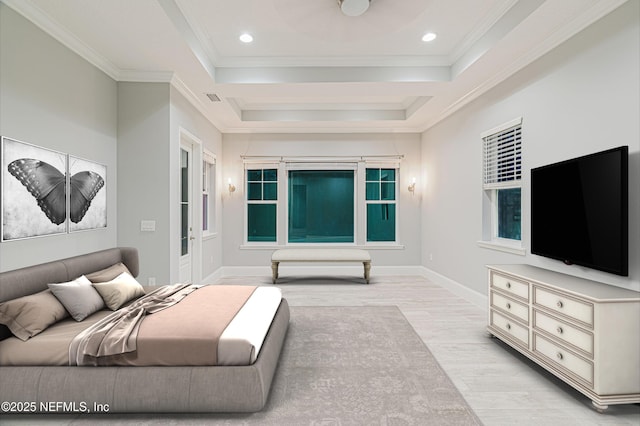 1351 Weaver Glen Rd, Jacksonville, FL 32223 - bedroom with visible vents, baseboards, light wood-style flooring, ornamental molding, and recessed lighting