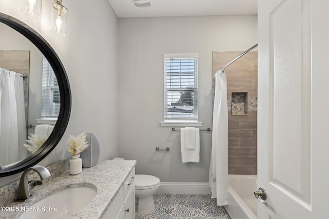 1351 Weaver Glen Rd, Jacksonville, FL 32223 - bathroom featuring baseboards, toilet, shower / tub combo with curtain, tile patterned flooring, and vanity