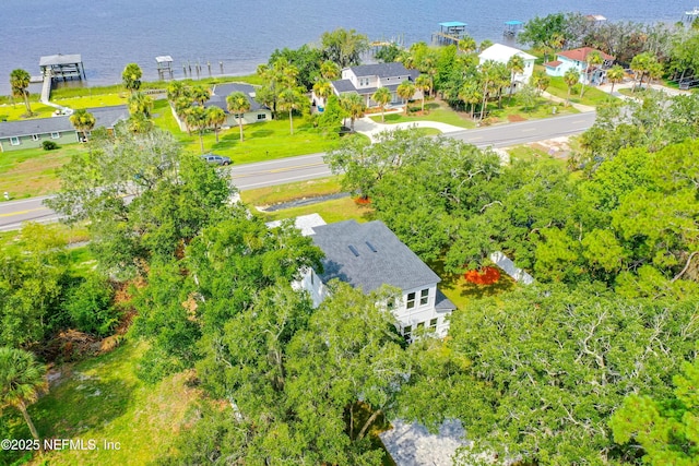 drone / aerial view featuring a water view