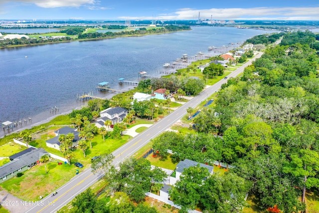 drone / aerial view featuring a water view