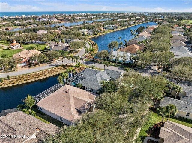 aerial view featuring a water view