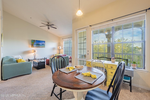12700 Bartram Park Blvd Unit 2333, Jacksonville, FL 32258 - dining space featuring light colored carpet, vaulted ceiling, baseboards, and ceiling fan