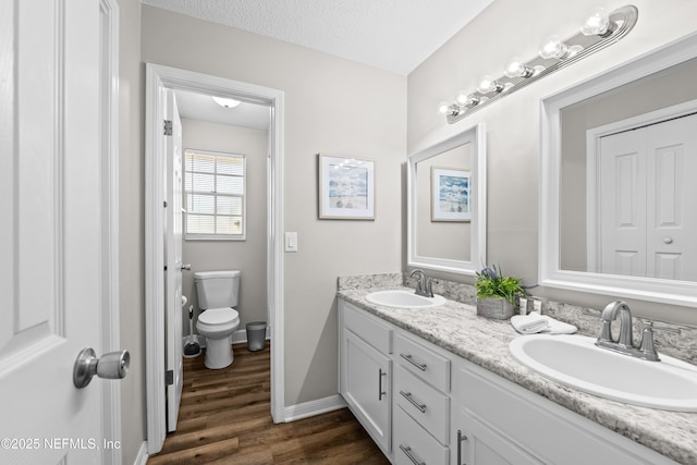 bathroom with a sink, toilet, wood finished floors, and double vanity