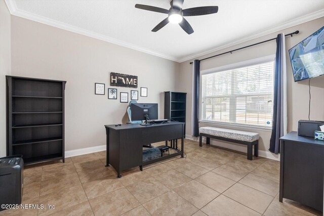 tiled office with ornamental molding and ceiling fan