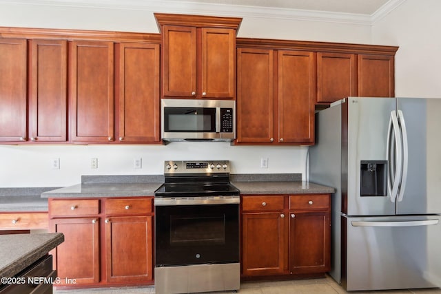 kitchen with stainless steel appliances and ornamental molding