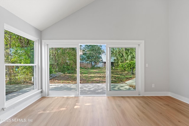 interior space with a wealth of natural light, light hardwood / wood-style floors, and vaulted ceiling