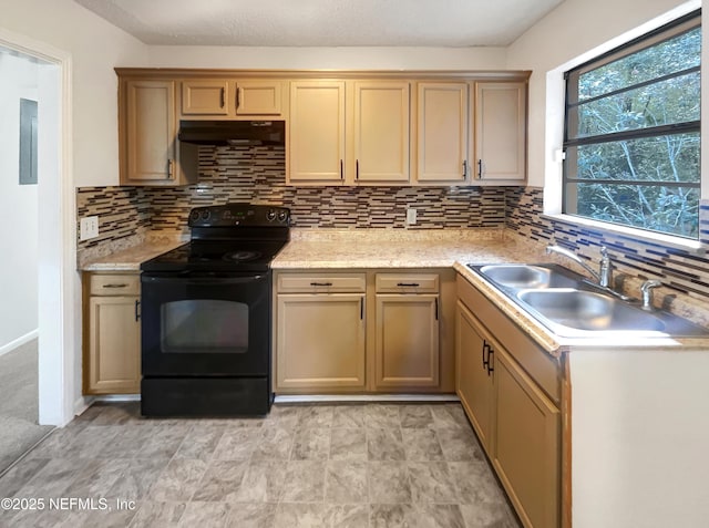 kitchen with electric range, electric panel, sink, and tasteful backsplash