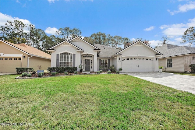 ranch-style house with driveway, stucco siding, an attached garage, and a front yard