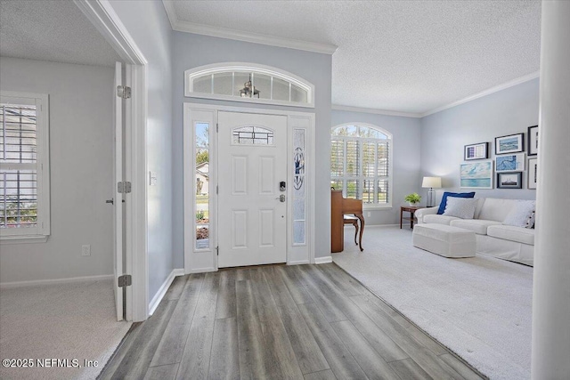 entrance foyer with crown molding, a textured ceiling, baseboards, and wood finished floors