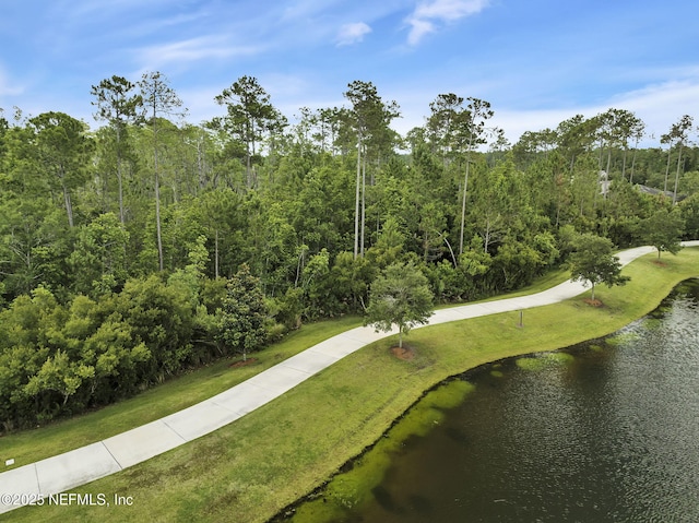 view of property's community with a water view and a yard