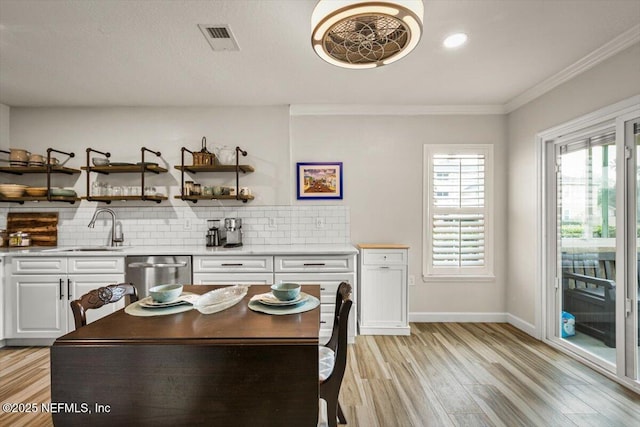 kitchen featuring tasteful backsplash, sink, stainless steel dishwasher, and white cabinets