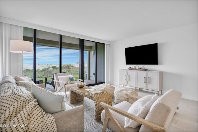 living room with floor to ceiling windows and light hardwood / wood-style floors
