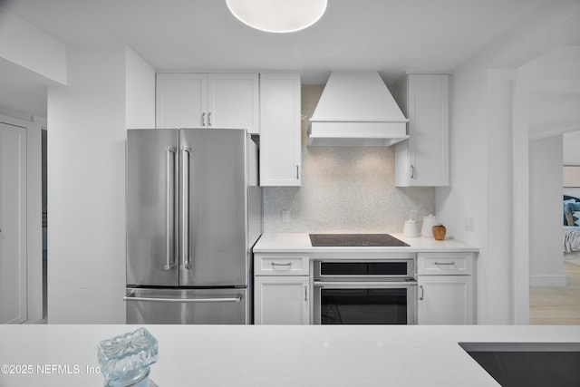 kitchen with decorative backsplash, stainless steel appliances, custom exhaust hood, and white cabinets