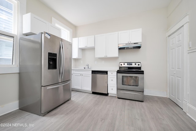 kitchen with white cabinetry, stainless steel appliances, sink, and light wood-type flooring