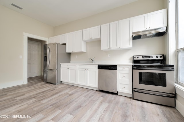 kitchen featuring stainless steel appliances, sink, white cabinets, and light wood-type flooring