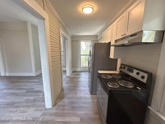 kitchen with white cabinetry, crown molding, light wood-type flooring, and electric stove