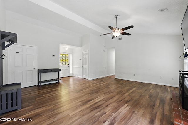 living room featuring dark wood-type flooring, high vaulted ceiling, and ceiling fan