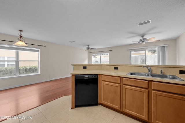 kitchen with a healthy amount of sunlight, sink, hanging light fixtures, and dishwasher