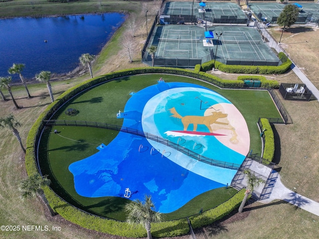 aerial view featuring a water view