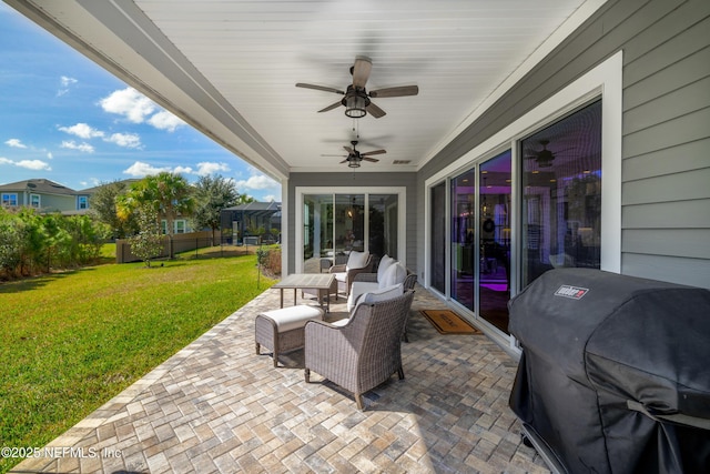 view of patio / terrace featuring a grill, outdoor lounge area, and ceiling fan