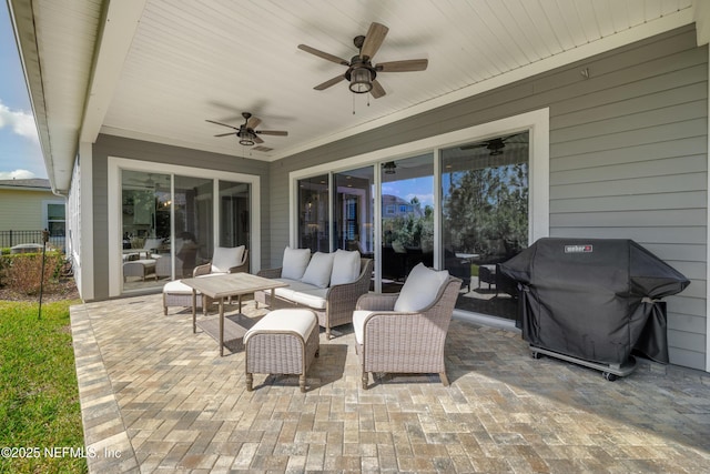 view of patio / terrace featuring grilling area, outdoor lounge area, and ceiling fan