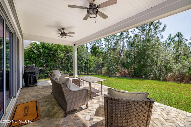 view of patio / terrace featuring ceiling fan and area for grilling