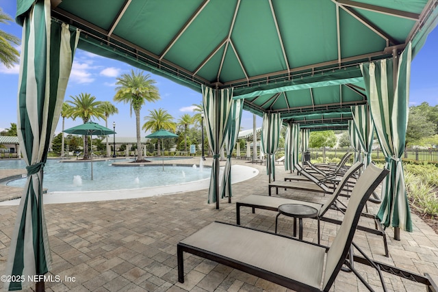 view of swimming pool featuring pool water feature