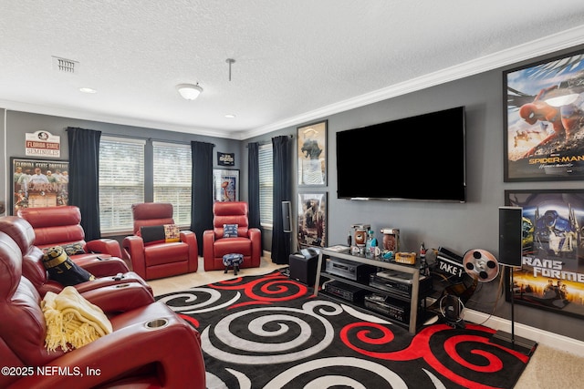 living room with visible vents, ornamental molding, a textured ceiling, and light colored carpet