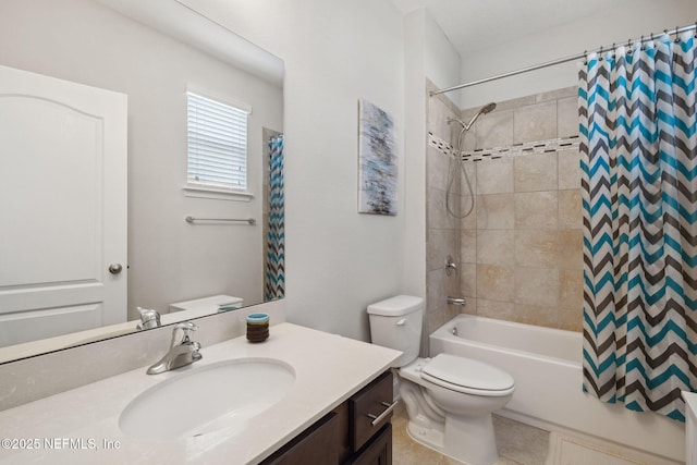 full bath featuring toilet, tile patterned flooring, shower / bath combination with curtain, and vanity