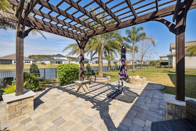 view of patio / terrace with an outdoor fire pit, a fenced backyard, a residential view, a water view, and a pergola