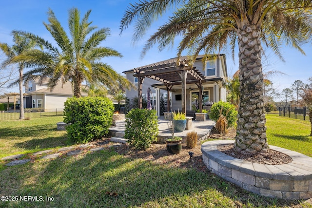 back of property featuring a yard, fence, a patio, and a pergola