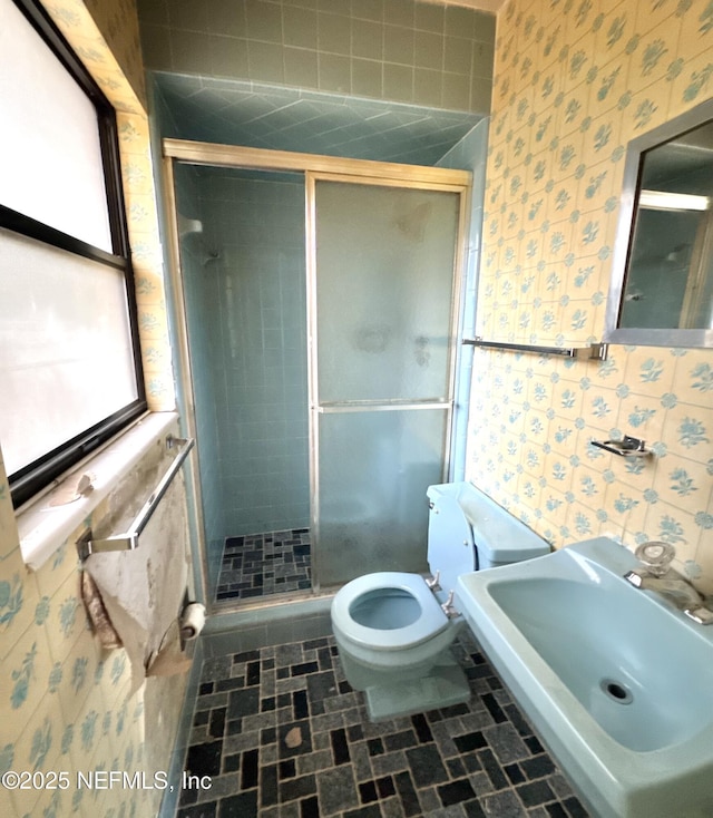 bathroom featuring toilet, sink, tile walls, and walk in shower