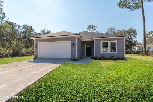 view of front facade with a garage, driveway, a front lawn, and roof with shingles