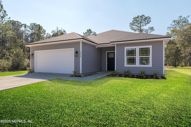 ranch-style house featuring a garage, a shingled roof, concrete driveway, and a front yard