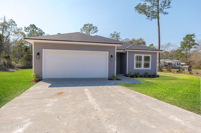 ranch-style house with an attached garage, concrete driveway, roof with shingles, and a front yard